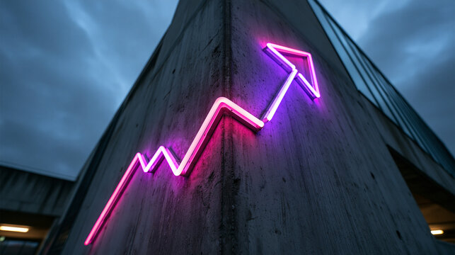 Neon Upward Arrow Graph on Concrete Wall at Dusk