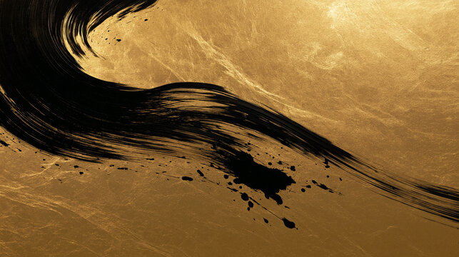 Japanese Calligraphy Black Ink Brush Stroke on Gold Background