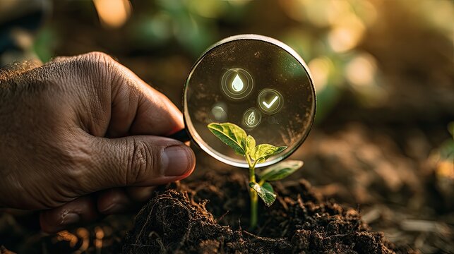 Magnifying glass examines a young plant in soil, revealing icons of growth and health
