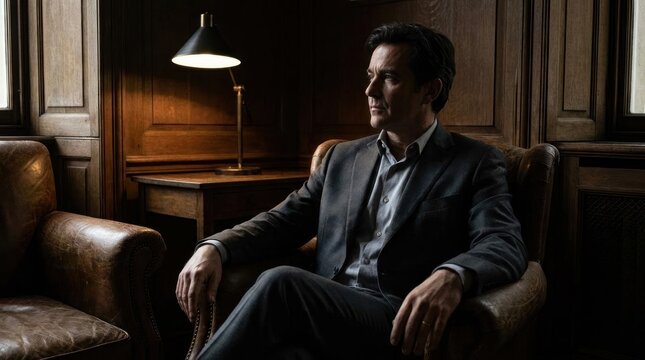 Professional businessman sitting in dark wood-paneled office chair.