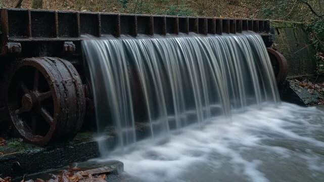 Water flows gently over rusted industrial mill dam. Rusted wheels flank the cascading water. Mossy stones and autumn leaves surround the structure. Natural light highlights the water's motion