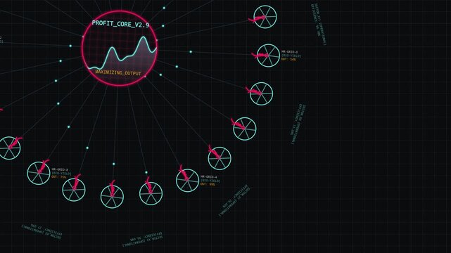 Futuristic HUD interface displaying a circular network diagram with data visualization for maximizing output and profit core analytics