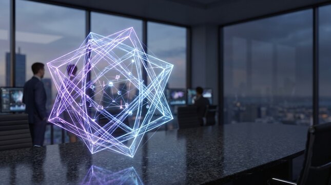Glowing geometric hologram floats above boardroom table in modern corporate office at dusk for futuristic data technology concept