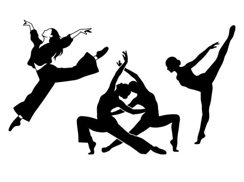 vector Silhouettes of dancers in dynamic poses, capturing the fluidity and grace of movement in contemporary dance on transparent background
