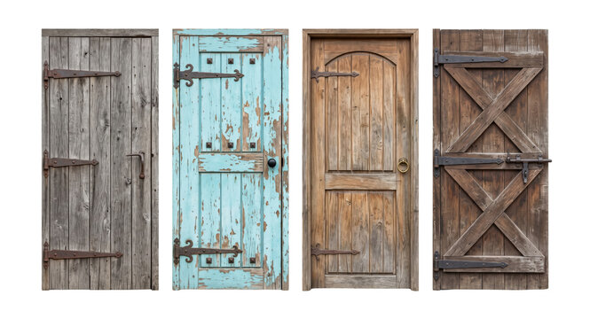 Set of rustic vintage wooden doors with metal hinges and latches
