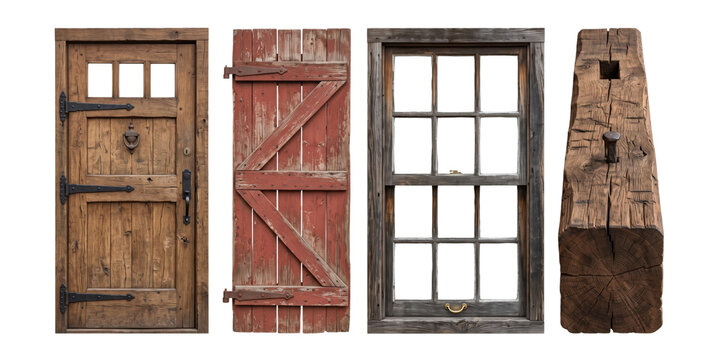 Rustic vintage architectural elements set with wooden door shutter and window