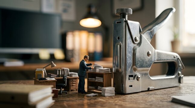 Small Businessman Organizing Paperwork at Desk with Large Stapler