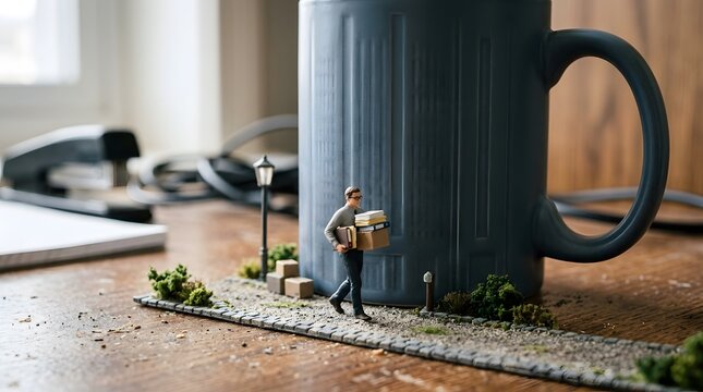 Miniature Man Carrying Books and Boxes Next to Large Coffee Mug