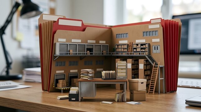 Detailed Miniature Office Studio Scene with Cardboard Filmed Model and Books