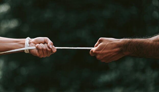 Two hands grip a rope in a tug-of-war, symbolizing struggle and competition