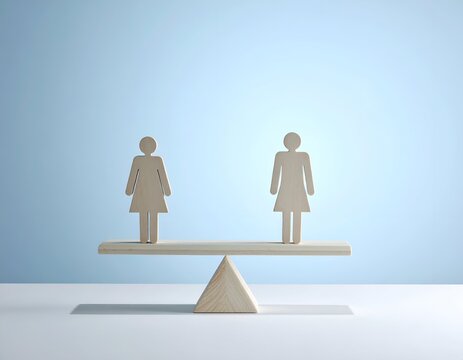 Two wooden female figures stand balanced on a seesaw against a light blue backdrop