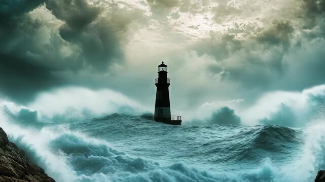 The captures a dramatic scene of a lighthouse standing tall against a tumultuous sea, with dark clouds looming in the distance.