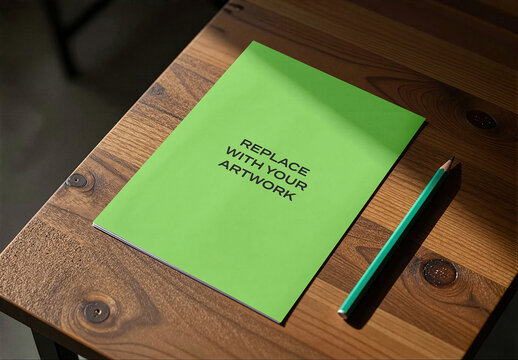 Brochure mockup on a wooden table with pencil, realistic stationery presentation for graphic design, print media, branding, and editorial content, template