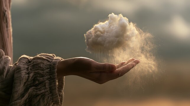 288. A conceptual metaphor for self-compassion. A person gently holding and soothing a small, weeping storm cloud in the palm of their hand, the cloud slowly turning into a soft, golden mist. 