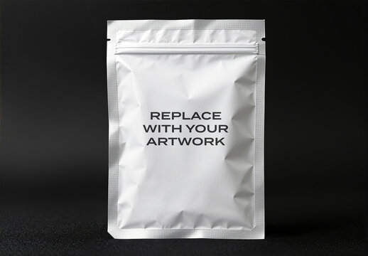 Foil pouch mockup with zip closure displayed on a dark textured surface, realistic packaging presentation for branding, product design, and advertising, template graphic