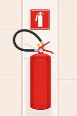 Obraz premium Red Fire Extinguisher with Black Hose and Fire Safety Sign on Light Wall, Emergency Fire Protection and Safety Equipment Illustration
