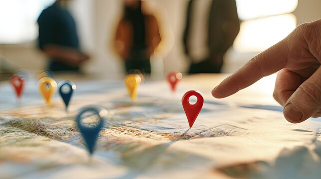 Finger points to red map pin, surrounded by other pins, people in background