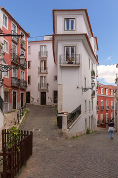 Colorful Historic Houses and Church Tower in Lisbon, Portugal