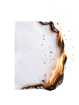 Burning white paper with flames and charred edges against a plain background
