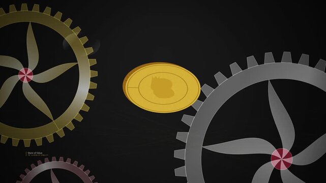 Animation of stealth inflation destroying purchasing power as a gold coin crumbles inside a wallet with cash and credit cards among rotating gears