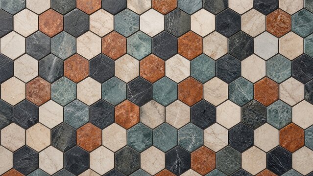 Hexagonal mosaic pavement with autumn leaves pattern in black, white, and orange tones