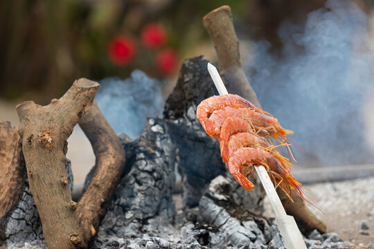 Grilled Shrimp Skewer Cooking Over a Smoky Wood Fire