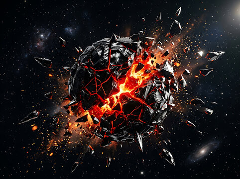 Exploding obsidian planetoid shattering in deep space with glowing magma core