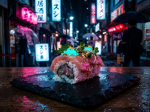 Fresh salmon sushi roll garnished with tobiko on black slate board in vibrant night market setting