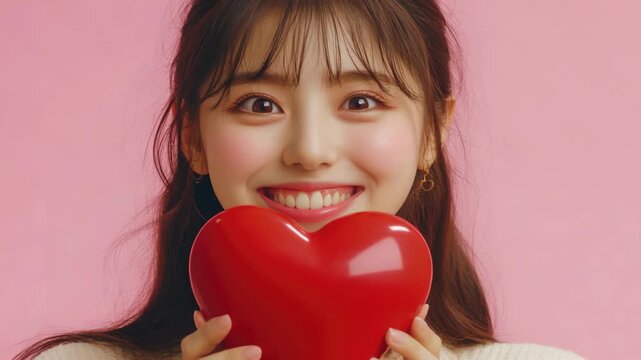 A joyful woman holding a red heart, smiling and looking at the camera.