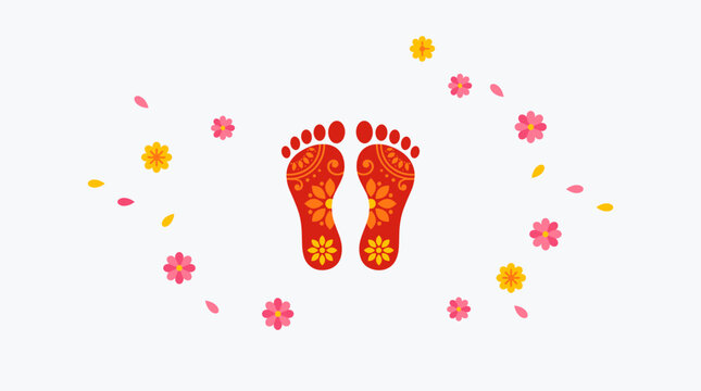 Auspicious Lakshmi footprints with colorful flowers for Diwali.