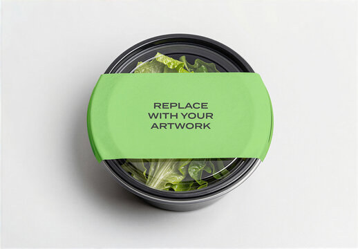 Circular food container mockup with label band, top view of salad in black plastic bowl clear lid, clean white surface, packaging presentation, branding template