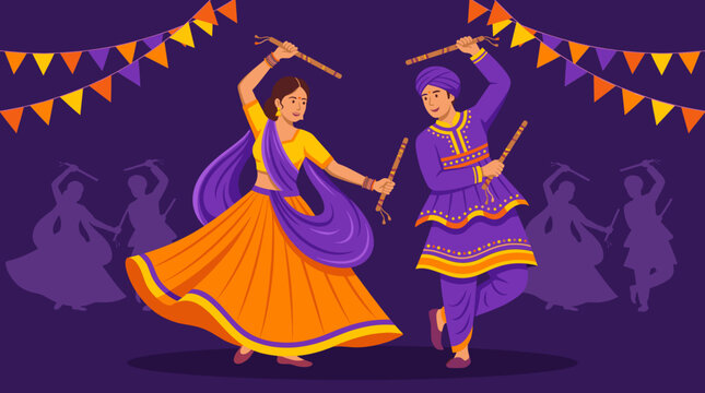 Couple dancing Garba or Dandiya Raas during Navratri festival celebration.