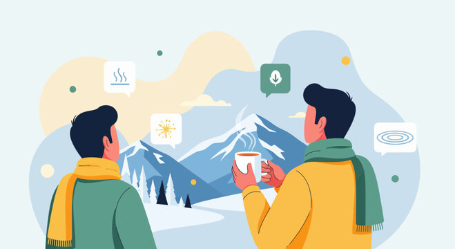 Two friends enjoying a peaceful winter mountain view with hot drinks