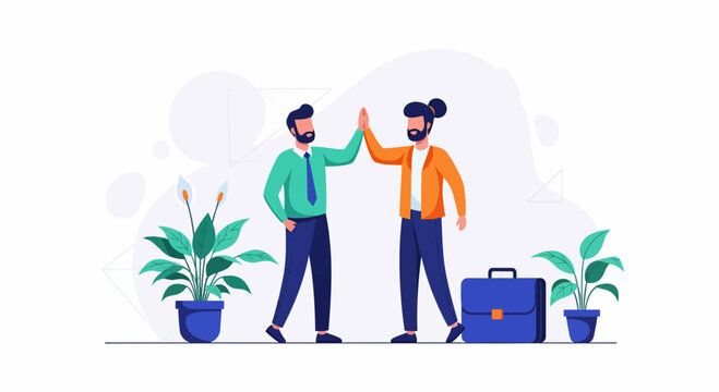 Businessmen Celebrating Achievement with High Five in Modern Office