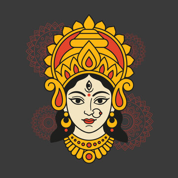 Divine Hindu Goddess Durga Illustration with Traditional Motifs.