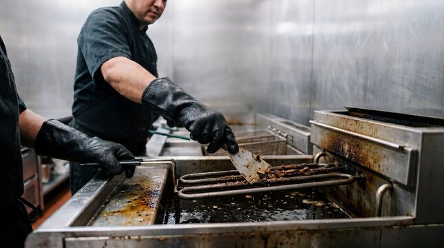 Chefs Cleaning Deep Fryer with Black Gloves in Commercial Kitchen
