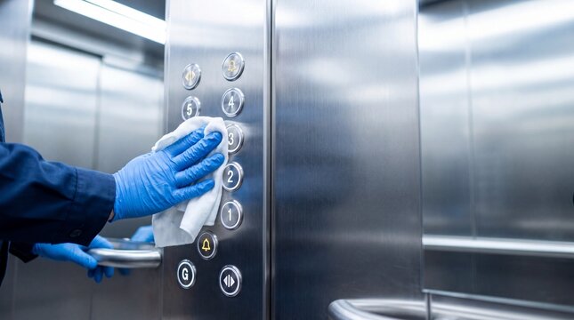 Worker Wearing Blue Gloves Disinfects Elevator Buttons With Sanitizing Wipe