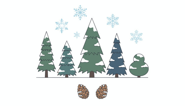 Five stylized evergreen pine trees of varying sizes stand under falling snowflakes with two brown pinecones positioned at the bottom center.