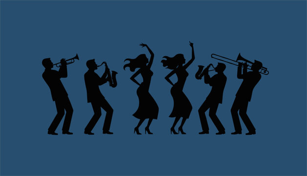Silhouettes of a lively jazz band and dancers performing together to express the energy and artistic spirit of classic musical performances.