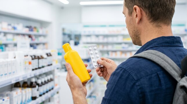Pharmacy Customer Thoughtfully Comparing Medication and Health Products in a Bright Modern Drugstore