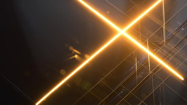 Glowing orange neon laser lines moving through a dark futuristic 3D glass grid structure, advanced digital network data flow, high tech cyber security background