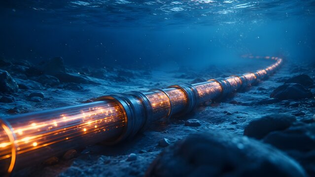 Glowing submarine fiber optic communications cable laying on ocean floor transmitting global data underwater