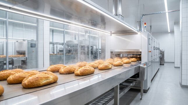 Fresh bread loaves moving on a conveyor belt in a modern industrial bakery