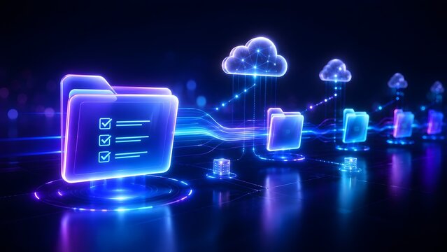 Secure cloud storage synchronization concept with glowing blue folders uploading data to digital network clouds