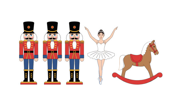 Festive set of three nutcracker dolls, a ballerina, and a wooden rocking horse depicts classic Christmas imagery for holiday season decor.