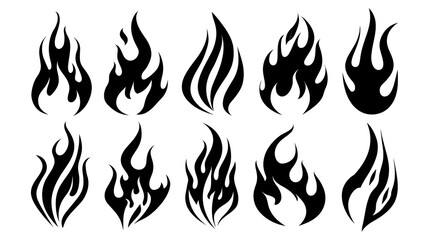 Naklejka premium Flame Silhouette in classic style. Black fire and flame silhouette shapes in varied styles. Old school tattoo style or silhouette flame for cars. Minimal stylish fire silhouette. Vector graphic 