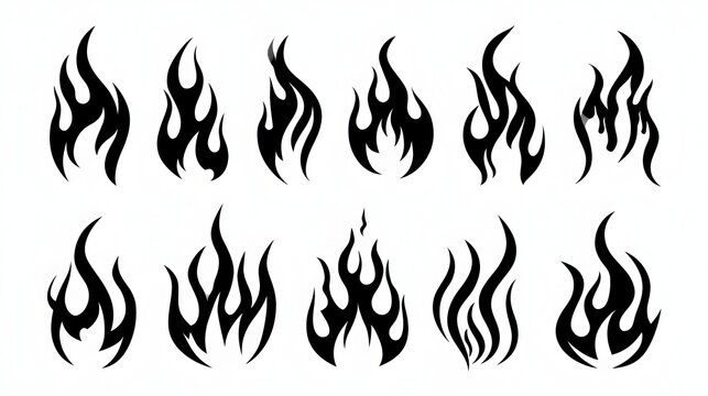 Flame Silhouette in classic style. Black fire and flame silhouette shapes in varied styles. Old school tattoo style or silhouette flame for cars. Minimal stylish fire silhouette. Vector graphic 