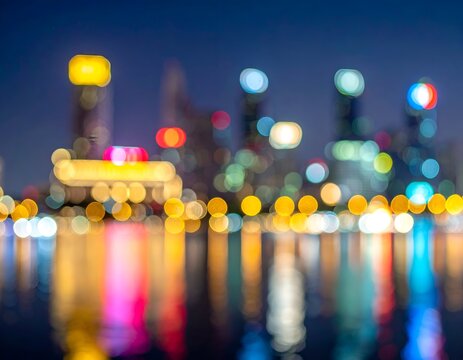 Out-of-focus nightscape depicts colorful city lights reflected in calm water, evoking a dreamy feel