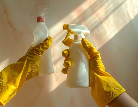 Yellow-gloved hands holding cleaning spray bottle and pouring from a detergent bottle