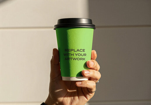 Paper coffee cup mockup held in hand with black lid, realistic branding presentation for packaging design, clean studio background natural lighting, vertical orientation